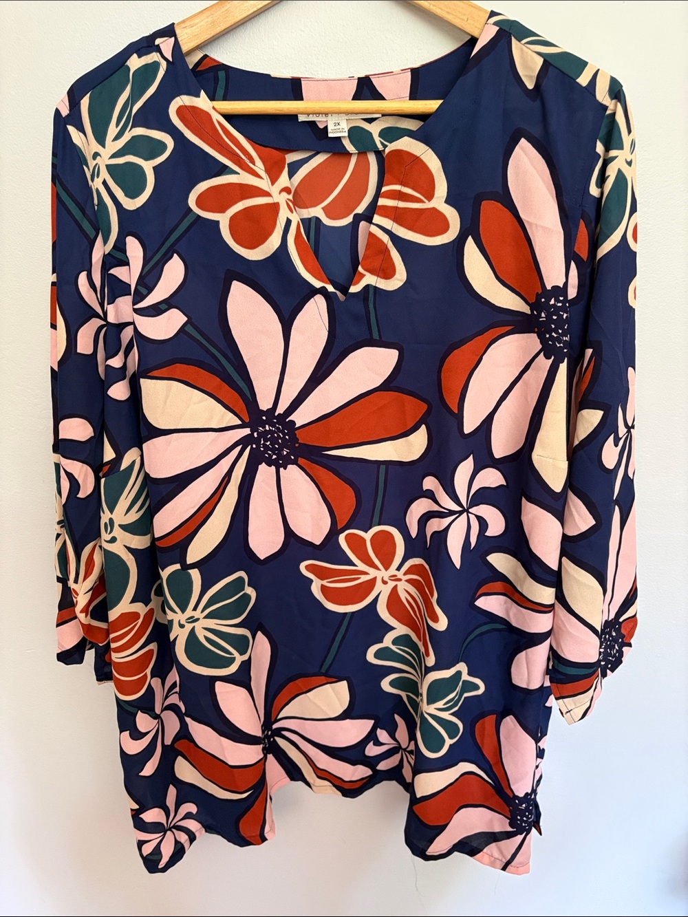 Violet & Claire Navy Floral Tunic with Pink and Rust Blooms